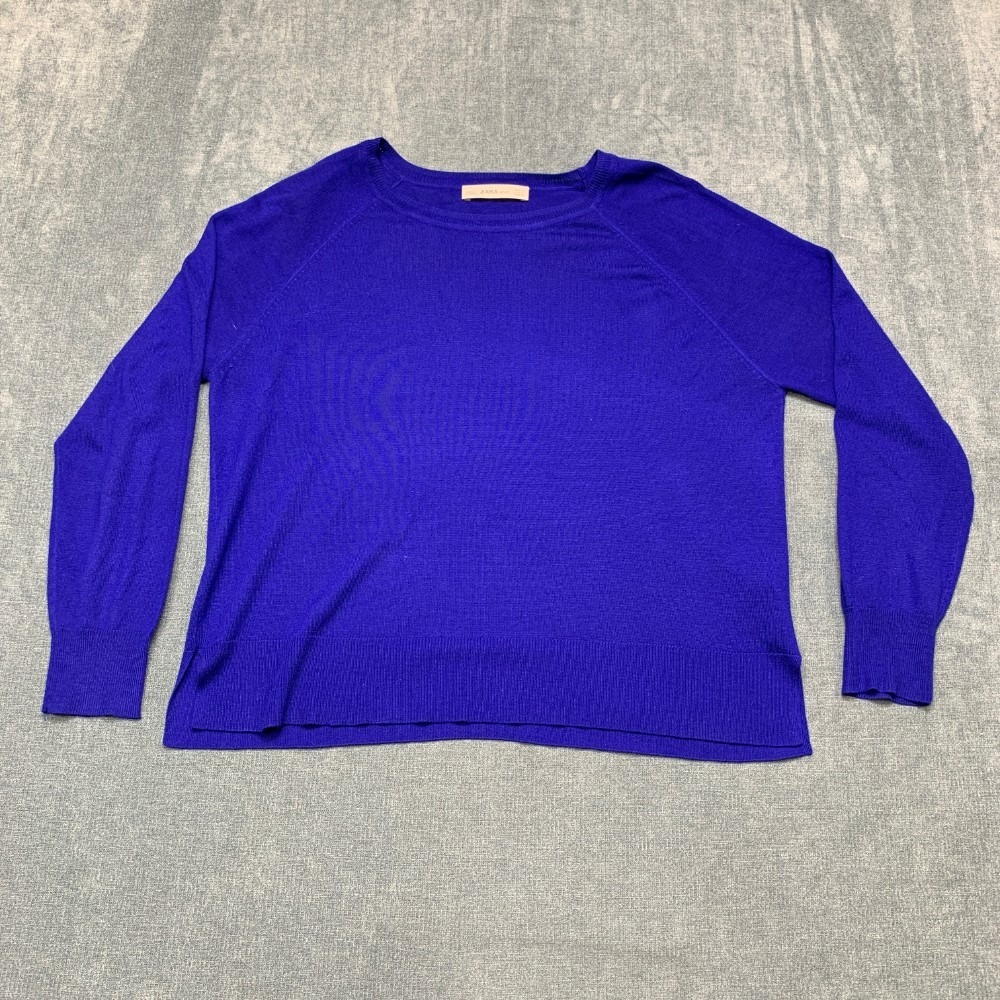 Zara Knit Sweater Womens S Royal Blue Crew Neck Raglan Sleeve Winter Wear Cozy